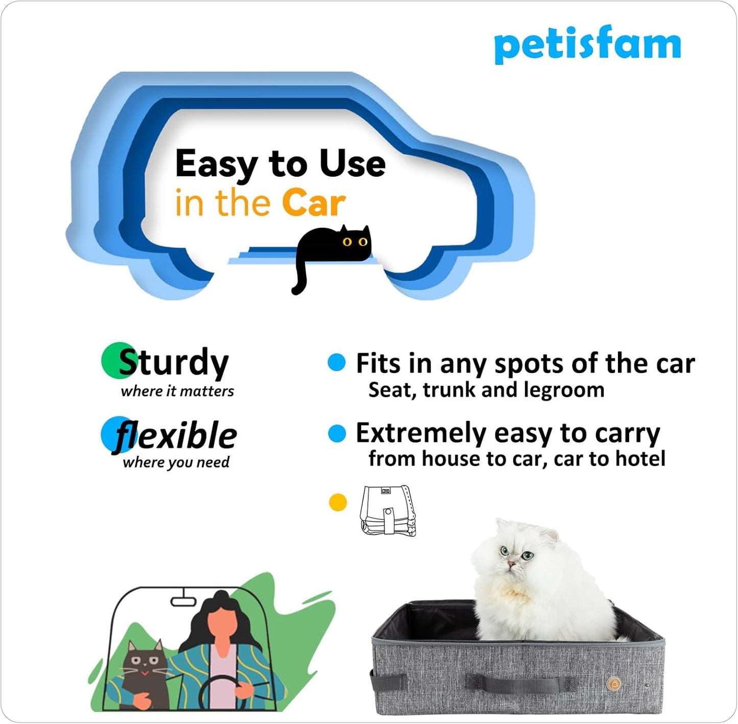 Portable Cat Travel Litter Box with Zipped Lid to Keep Everything Contained. No Odor, Leakage and Messes. Easy to Carry, Clean and Use in Car, Hotel, Aiarplane. (Large, Grey)