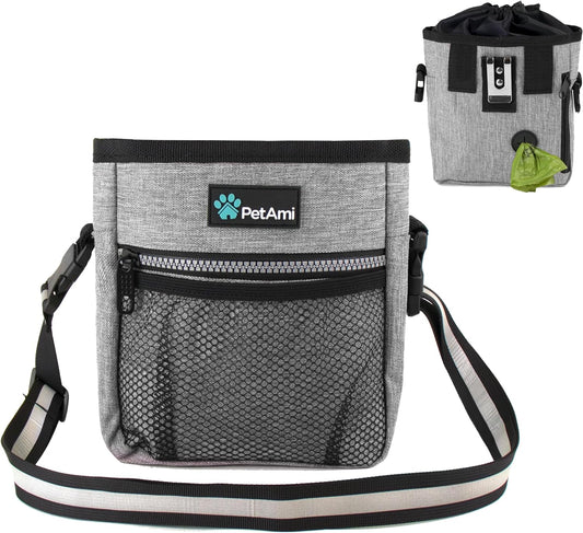 Dog Treat Pouch, Pet Treat Pouch for Training, Dog Walking Bag Holder for Kibbles, Pet Food Toy, Dog Trainer Essentials Supplies, Poop Bag Dispenser, 3 Ways to Wear (Heather Gray)