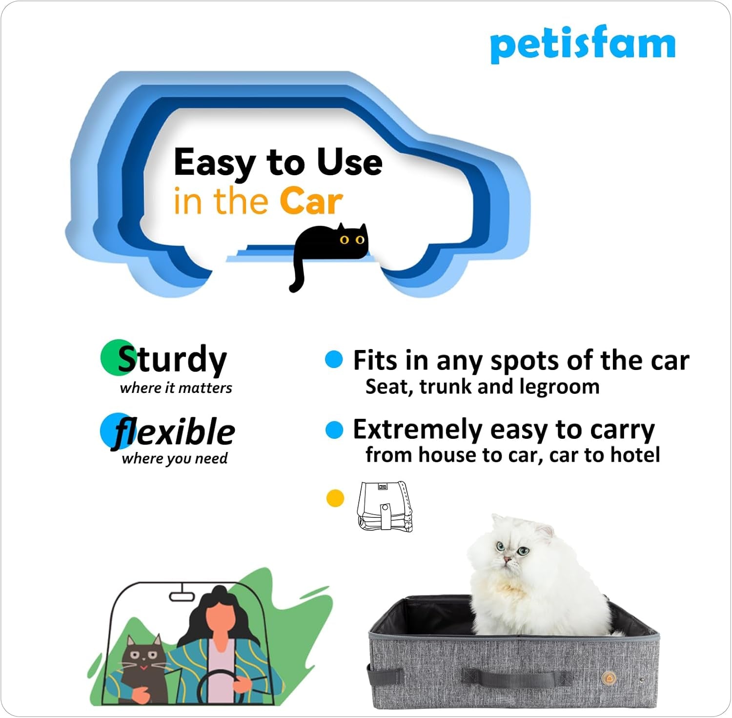 Portable Cat Travel Litter Box with Zipped Lid to Keep Everything Contained. No Odor, Leakage and Messes. Easy to Carry, Clean and Use in Car, Hotel, Aiarplane. (Large, Grey)